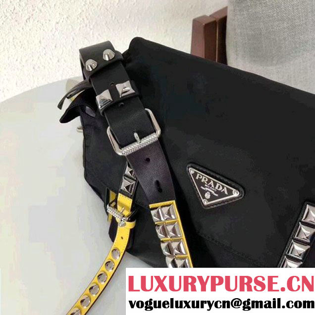 Prada Studded Nylon Shoulder Bag Black/Yellow Spring 2018 (GYF-8011234 )
