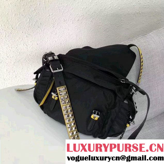 Prada Studded Nylon Shoulder Bag Black/Yellow Spring 2018 (GYF-8011234 )