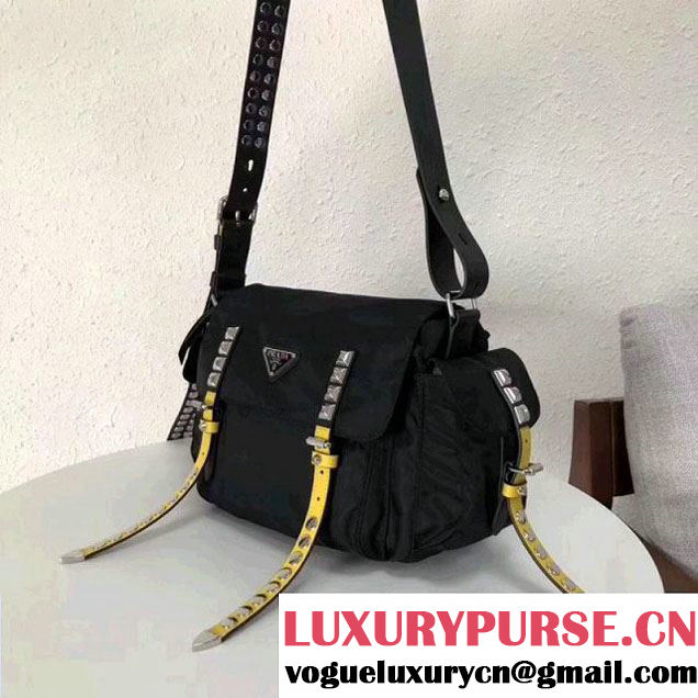 Prada Studded Nylon Shoulder Bag Black/Yellow Spring 2018 (GYF-8011234 )
