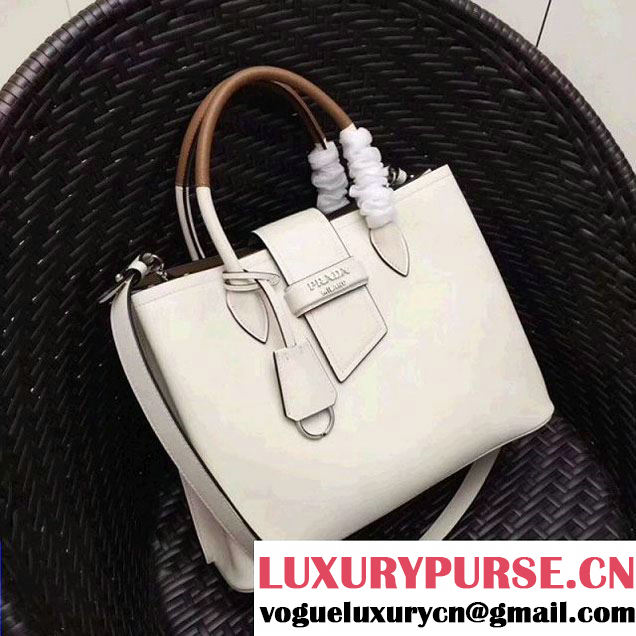 Prada Calfskin Top Handle Tote Bag 1BG148 White/Brown Resort 2018 (GYF-8011230 )