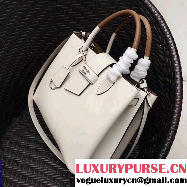 Prada Calfskin Top Handle Tote Bag 1BG148 White/Brown Resort 2018 (GYF-8011230 )