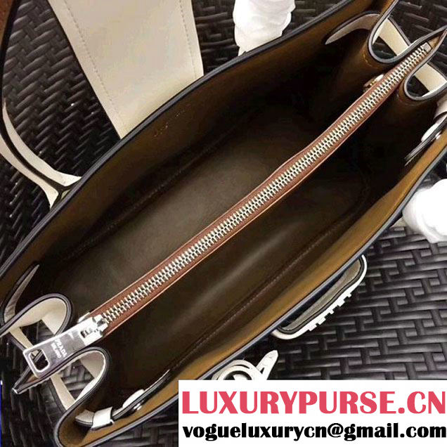 Prada Calfskin Top Handle Tote Bag 1BG148 White/Brown Resort 2018 (GYF-8011230 )