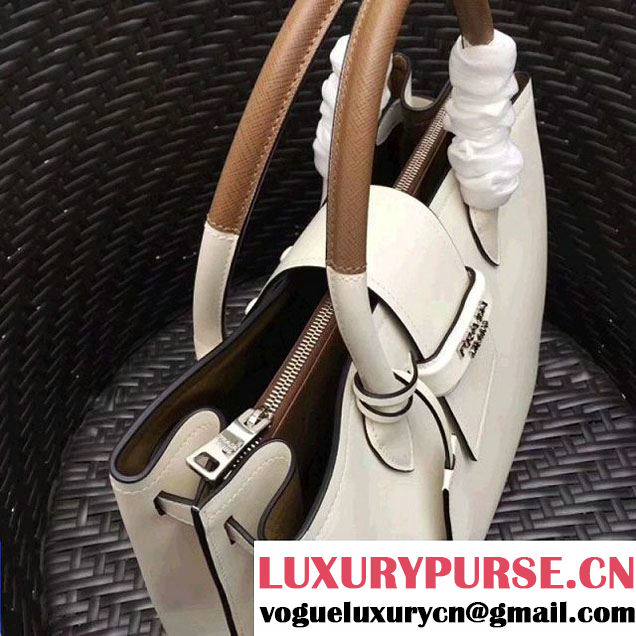 Prada Calfskin Top Handle Tote Bag 1BG148 White/Brown Resort 2018 (GYF-8011230 )