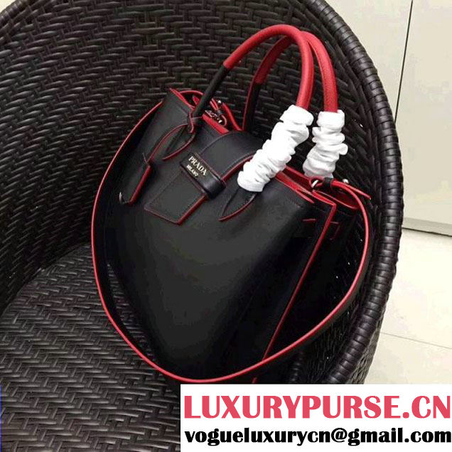 Prada Calfskin Top Handle Tote Bag 1BG148 Black/Red Resort 2018 (GYF-8011226 )