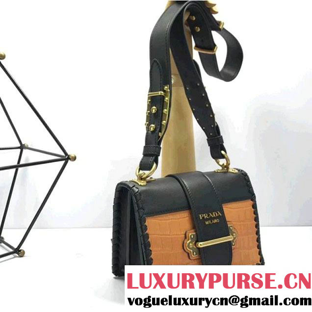 Prada 1BD045 Braided Croco Pattern Calf Leather Cashier Bag Yellow/Black 2017 (A098-8011724 )