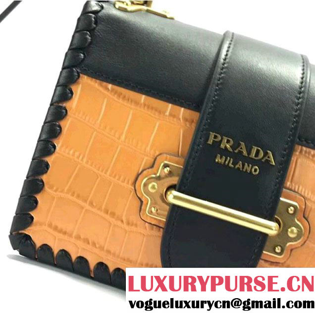 Prada 1BD045 Braided Croco Pattern Calf Leather Cashier Bag Yellow/Black 2017 (A098-8011724 )