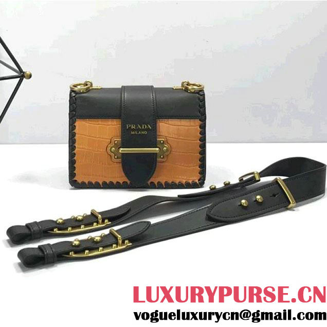 Prada 1BD045 Braided Croco Pattern Calf Leather Cashier Bag Yellow/Black 2017 (A098-8011724 )