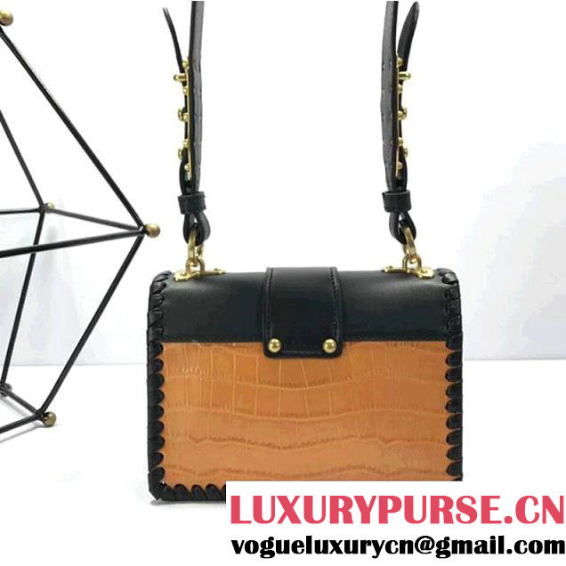 Prada 1BD045 Braided Croco Pattern Calf Leather Cashier Bag Yellow/Black 2017 (A098-8011724 )