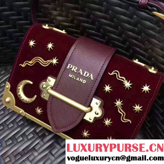 Prada 1BH018 Velvet Cahier Bag With Metal Details Burgundy (GYF-8011722 )
