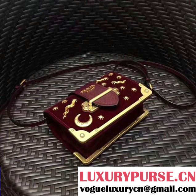 Prada 1BH018 Velvet Cahier Bag With Metal Details Burgundy (GYF-8011722 )
