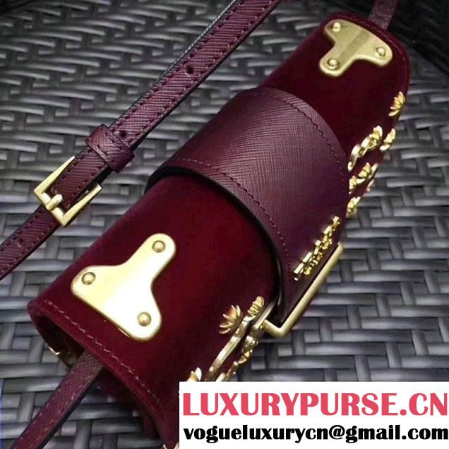 Prada 1BH018 Velvet Cahier Bag With Metal Details Burgundy (GYF-8011722 )