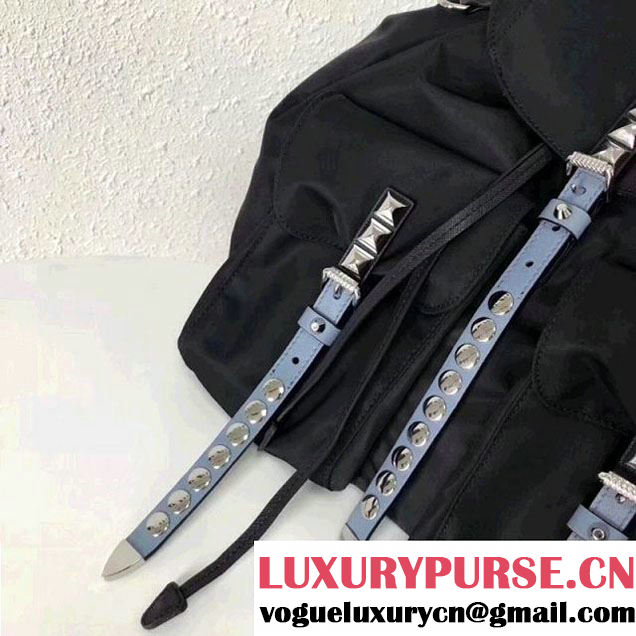 Prada Studded Nylon Backpack Bag Black/Blue Spring 2018 (GYF-8012709 )