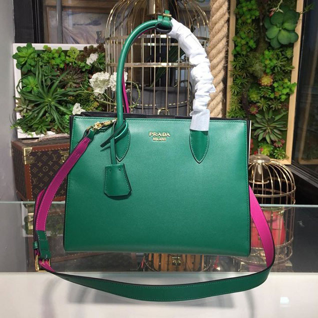 Prada City Calf Bibliotheque Tote 32cm Bag 1BG098 Calfskin Leather Spring Summer 2018 Collection Emerald Fuchsia