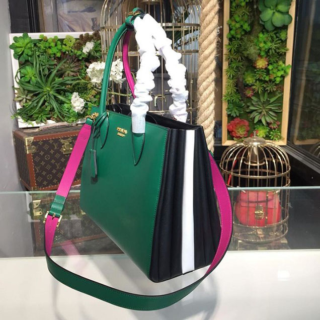 Prada City Calf Bibliotheque Tote 32cm Bag 1BG098 Calfskin Leather Spring Summer 2018 Collection Emerald Fuchsia