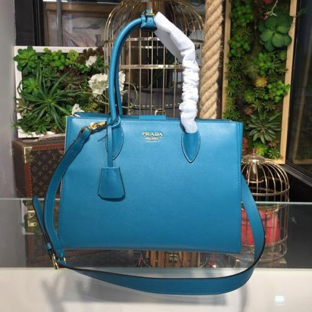 Prada City Calf Bibliotheque Tote 32cm Bag 1BG098 Calfskin Leather Spring/Summer 2018 Collection, Blue/White