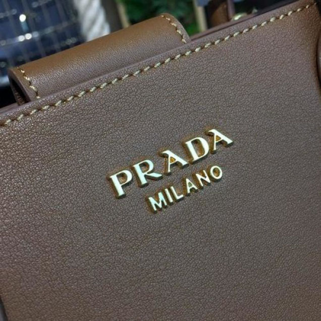 Prada City Calf Bibliotheque Tote 32cm Bag 1BG098 Calfskin Leather Spring/Summer 2018 Collection, Brown/White