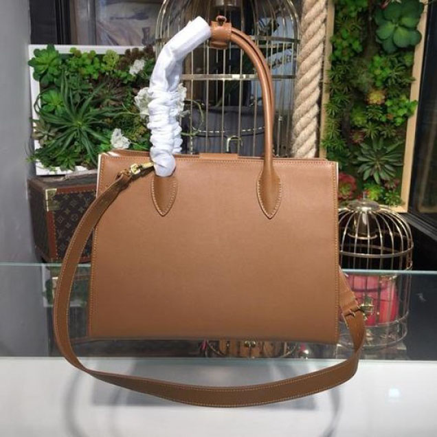 Prada City Calf Bibliotheque Tote 32cm Bag 1BG098 Calfskin Leather Spring/Summer 2018 Collection, Brown/White