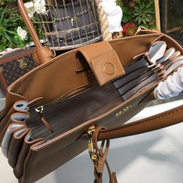 Prada City Calf Bibliotheque Tote 32cm Bag 1BG098 Calfskin Leather Spring/Summer 2018 Collection, Brown/White