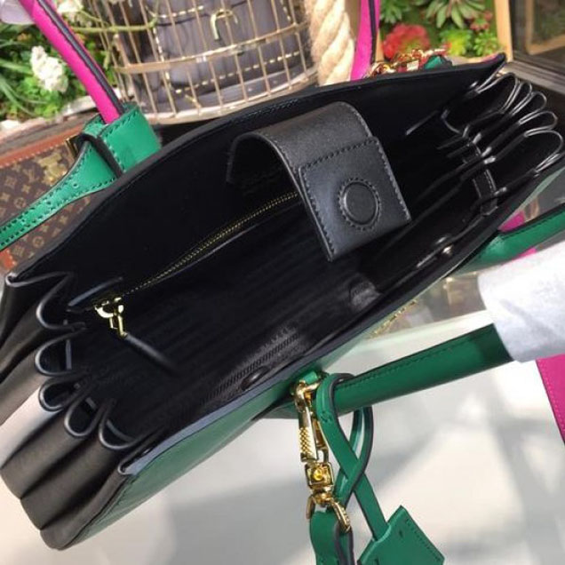 Prada City Calf Bibliotheque Tote 32cm Bag 1BG098 Calfskin Leather Spring/Summer 2018 Collection, Emerald/Fuchsia