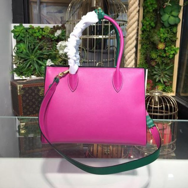Prada City Calf Bibliotheque Tote 32cm Bag 1BG098 Calfskin Leather Spring/Summer 2018 Collection, Emerald/Fuchsia