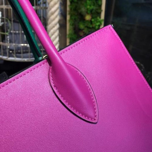 Prada City Calf Bibliotheque Tote 32cm Bag 1BG098 Calfskin Leather Spring/Summer 2018 Collection, Emerald/Fuchsia