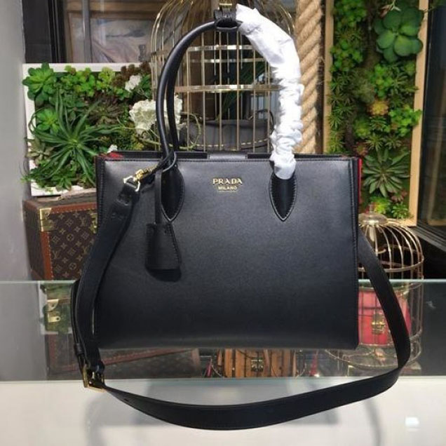 Prada City Calf Bibliotheque Tote 32cm Bag 1BG098 Calfskin Leather Spring/Summer 2018 Collection, Black/Red