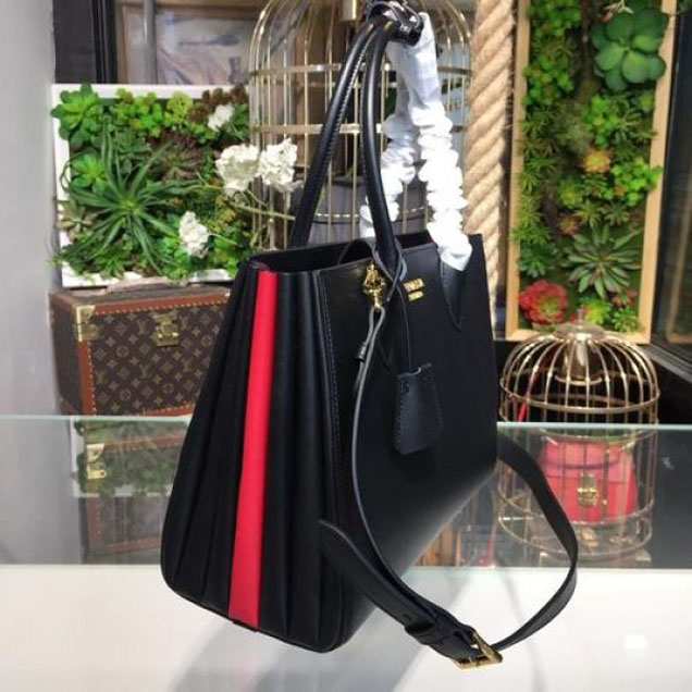 Prada City Calf Bibliotheque Tote 32cm Bag 1BG098 Calfskin Leather Spring/Summer 2018 Collection, Black/Red