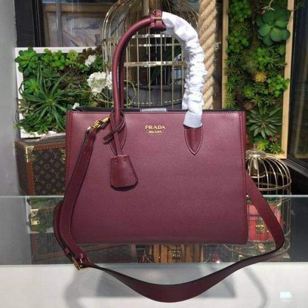 Prada City Calf Bibliotheque Tote 32cm Bag 1BG098 Calfskin Leather Spring/Summer 2018 Collection, Burgundy/Black