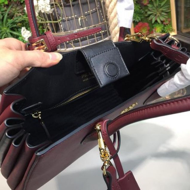 Prada City Calf Bibliotheque Tote 32cm Bag 1BG098 Calfskin Leather Spring/Summer 2018 Collection, Burgundy/Black
