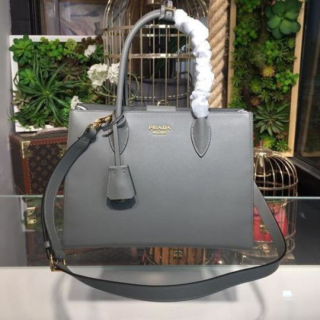 Prada City Calf Bibliotheque Tote 32cm Bag 1BG098 Calfskin Leather Spring/Summer 2018 Collection, Grey/White