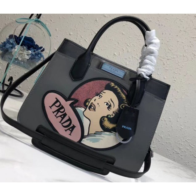 Prada Dual Calf Leather Bag 1BA178 Comics Patch Gray 2018