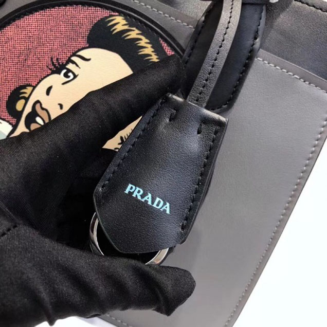 Prada Dual Calf Leather Bag 1BA178 Comics Patch Gray 2018