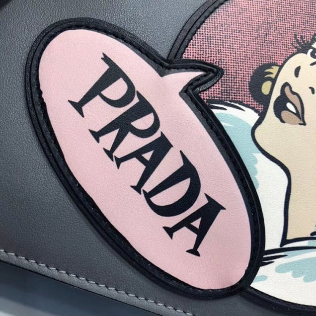 Prada Dual Calf Leather Bag 1BA178 Comics Patch Gray 2018