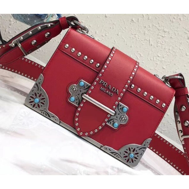 Prada Studded Cahier Calf Leather Shoulder Bag 1BD045 Red 2018