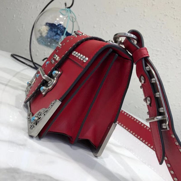 Prada Studded Cahier Calf Leather Shoulder Bag 1BD045 Red 2018