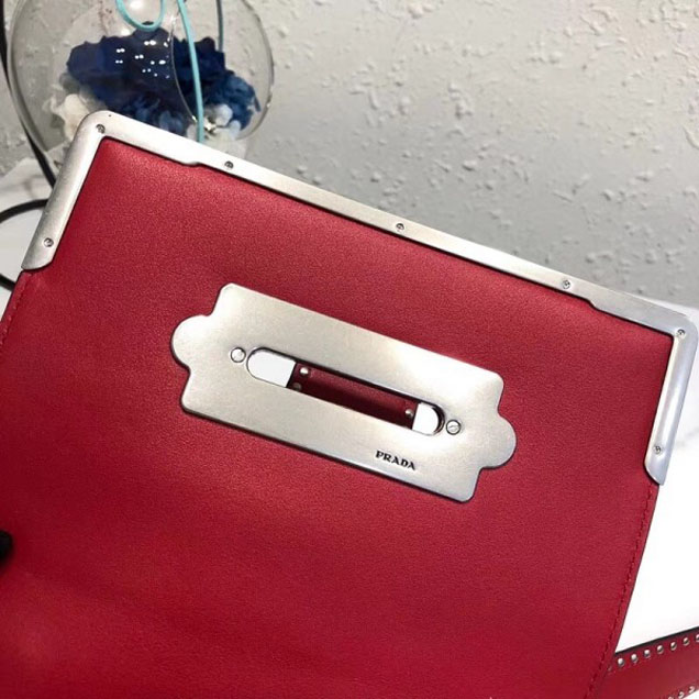 Prada Studded Cahier Calf Leather Shoulder Bag 1BD045 Red 2018