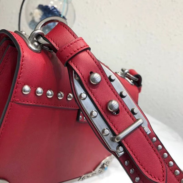 Prada Studded Cahier Calf Leather Shoulder Bag 1BD045 Red 2018