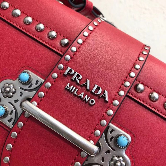 Prada Studded Cahier Calf Leather Shoulder Bag 1BD045 Red 2018
