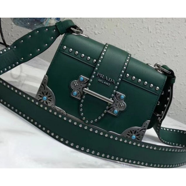 Prada Studded Cahier Calf Leather Shoulder Bag 1BD045 Green 2018