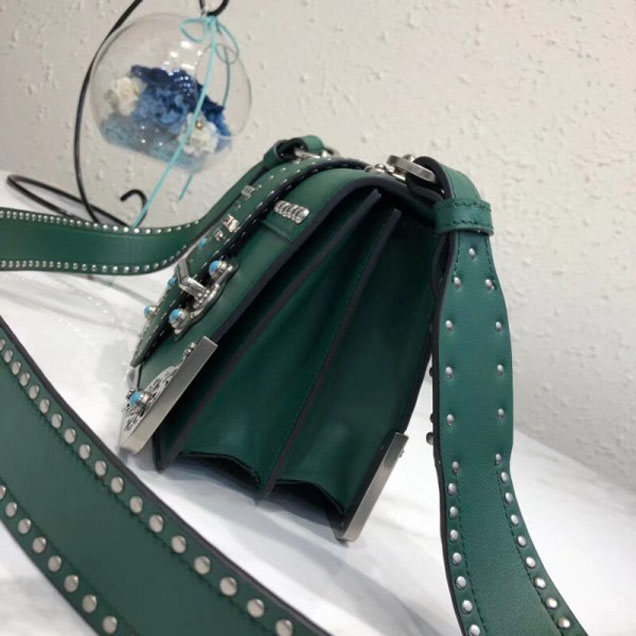Prada Studded Cahier Calf Leather Shoulder Bag 1BD045 Green 2018