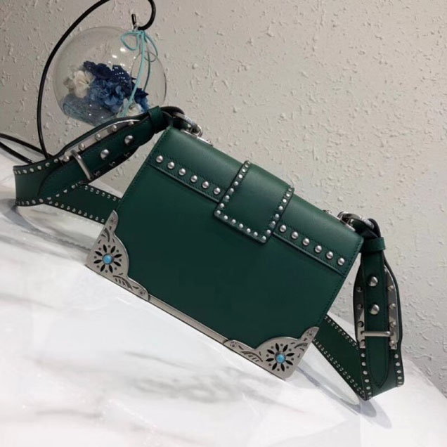 Prada Studded Cahier Calf Leather Shoulder Bag 1BD045 Green 2018