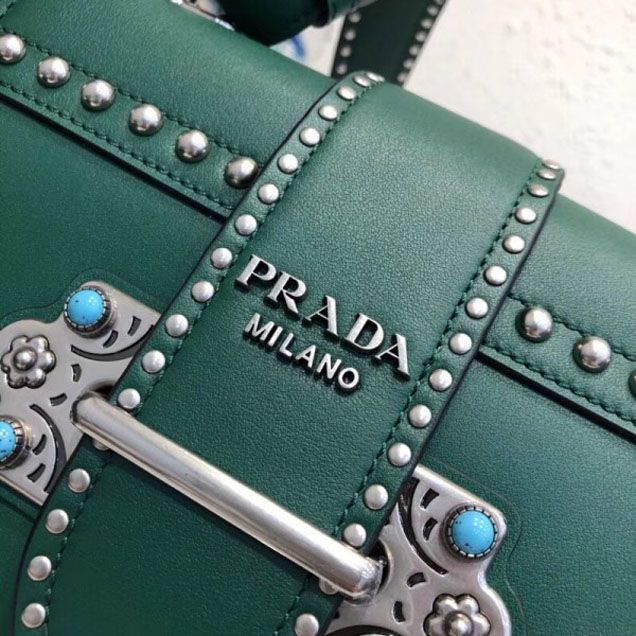 Prada Studded Cahier Calf Leather Shoulder Bag 1BD045 Green 2018