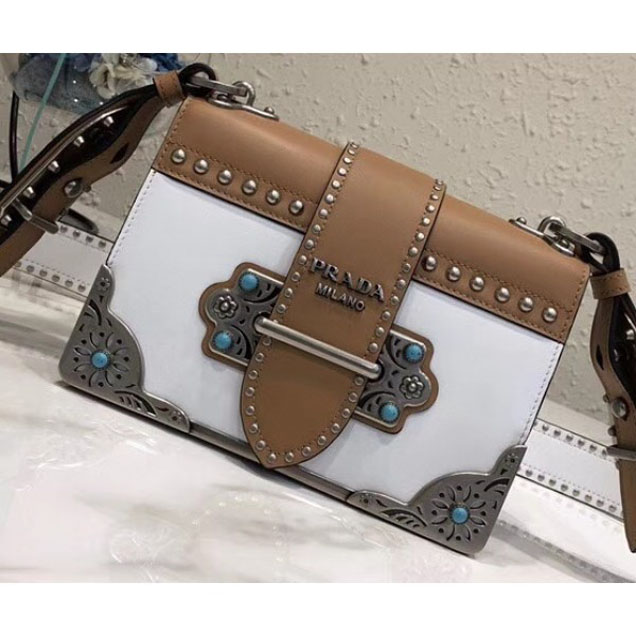 Prada Studded Cahier Calf Leather Shoulder Bag 1BD045 White/Caramel 2018