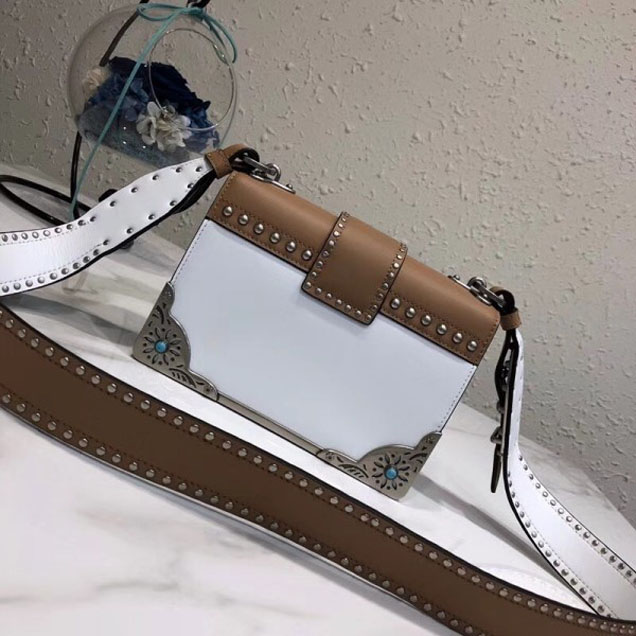 Prada Studded Cahier Calf Leather Shoulder Bag 1BD045 White/Caramel 2018