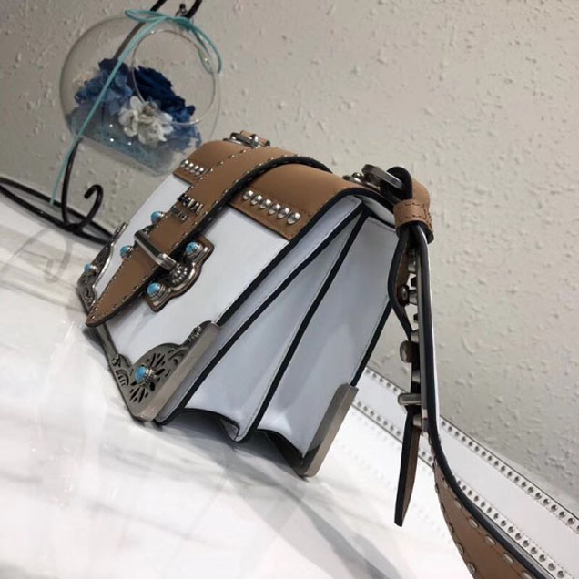 Prada Studded Cahier Calf Leather Shoulder Bag 1BD045 White/Caramel 2018