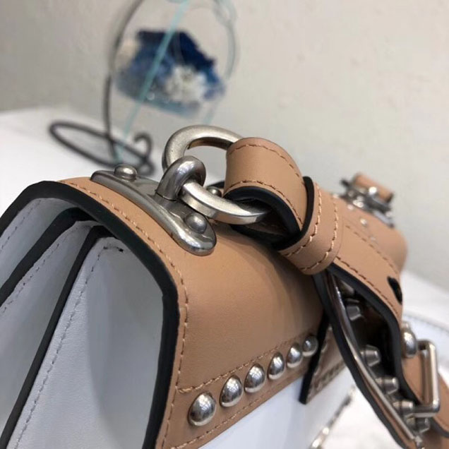 Prada Studded Cahier Calf Leather Shoulder Bag 1BD045 White/Caramel 2018