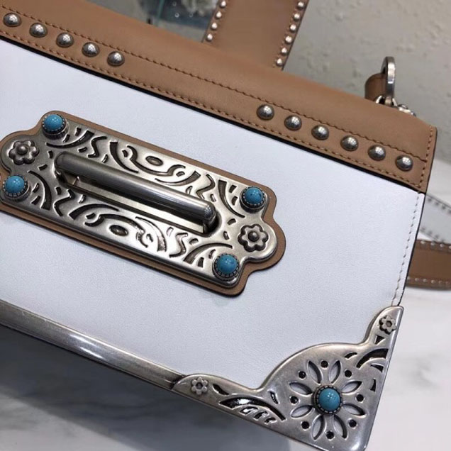 Prada Studded Cahier Calf Leather Shoulder Bag 1BD045 White/Caramel 2018