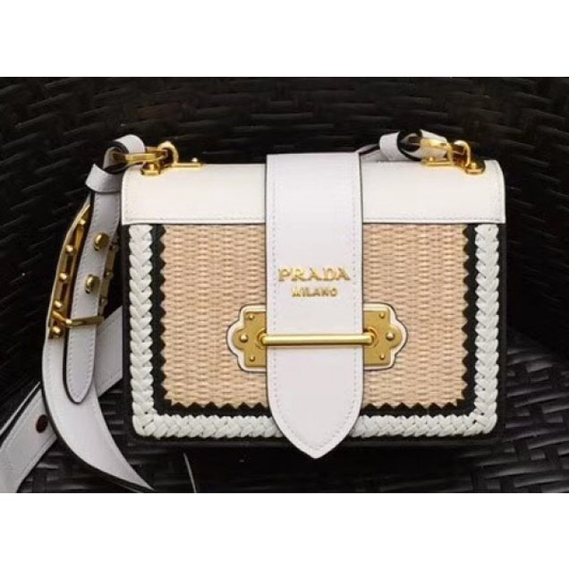 Prada Woven Straw And Leather Cahier Shoulder Bag 1BD045 Beige/White 2018