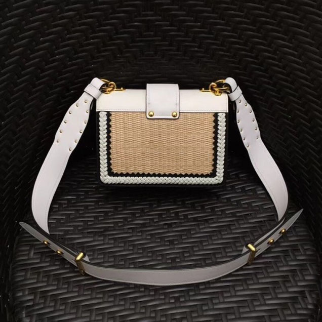 Prada Woven Straw And Leather Cahier Shoulder Bag 1BD045 Beige/White 2018
