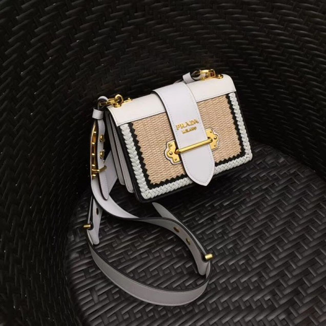 Prada Woven Straw And Leather Cahier Shoulder Bag 1BD045 Beige/White 2018